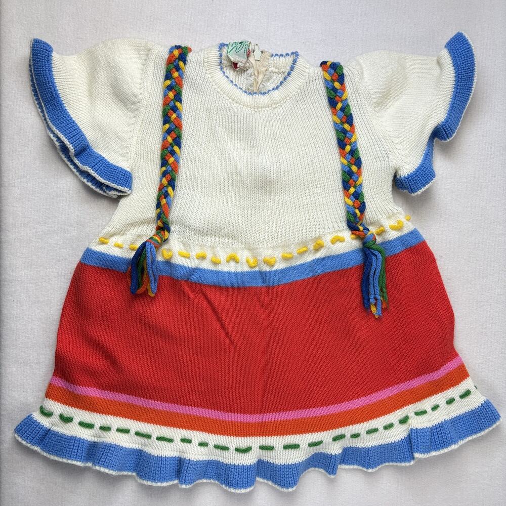 Vintage Sakowitz Hand Knit Toddler Dress T3 Made in Italy Festive Folk Americana
